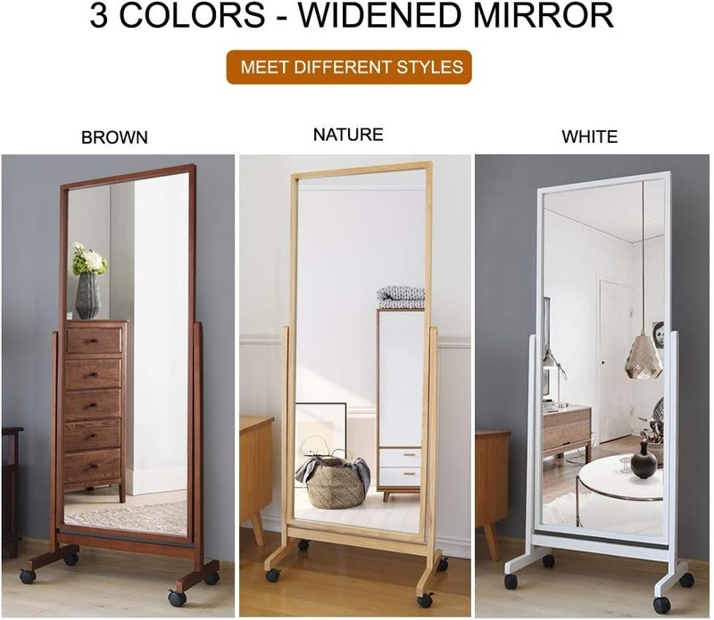 Swivel Full Length Mirror on Wheels, 65"x22", Brown Wood Frame, Adjustable gallery