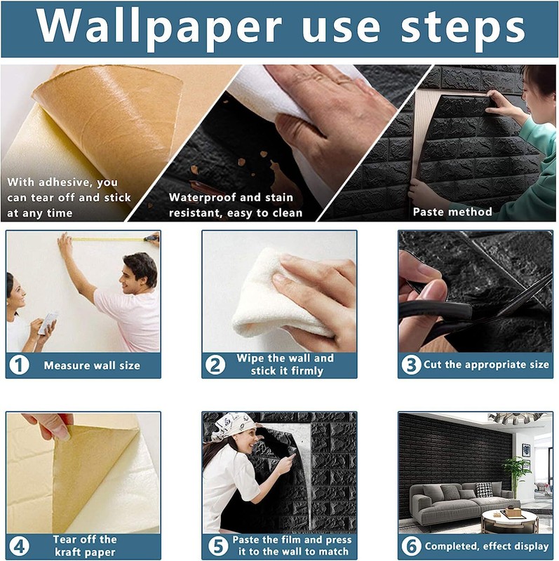 Black 3D Tile Brick Wall Sticker Self-adhesive Foam Panel Wallpaper 14.5 SQ FT gallery