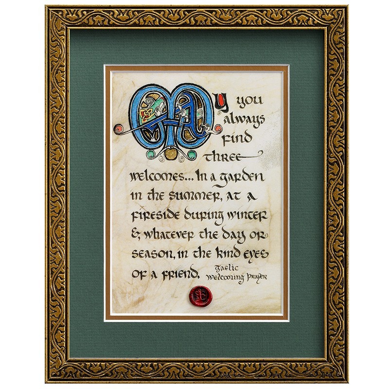 Celtic Card Company Three Welcomes Print, Gilded Frame, Green 9” x 11”