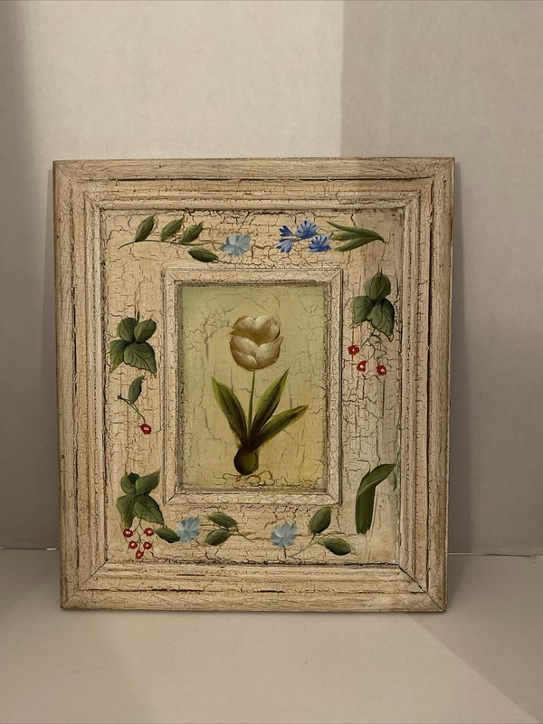 Flower Crackle Look Picture Built In Frame 13×15 Painted Cream, Green, Blue Red