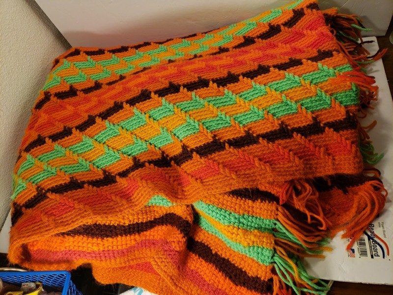 VTG 60s 70s Retro Groovy Knit Zigzag Afghan Bed/Couch Runner Fringe Neon 82x58 gallery