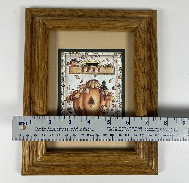 VTG Oak Framed Fall Wall Art Pumpkins Crow Black Cat Whimsical Cottagecore 10"x7 gallery