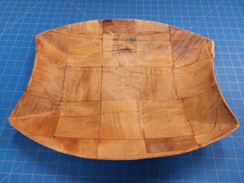 Vintage Handcrafted Woven Wood Bowl Parquetry Serving Dish Mid Century Decor 10″