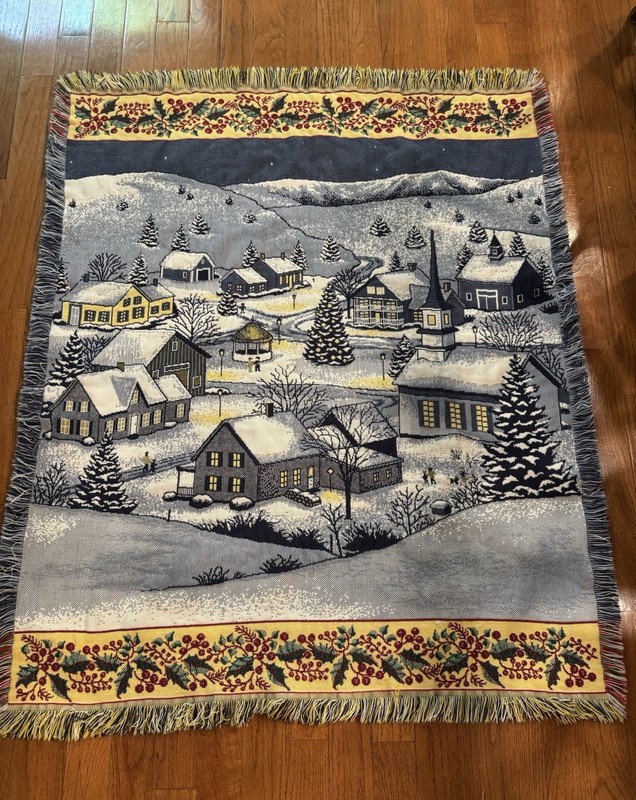 Vintage Winter Village Woven Tapestry Throw Blanket Holly Berry Fringe 59×48
