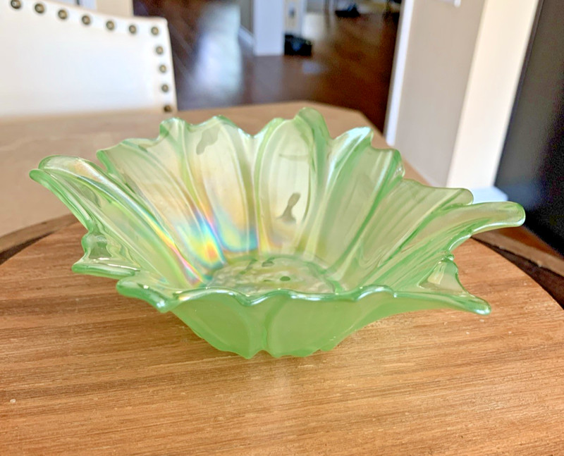 Akcam Light Green Iridescent Turkish Floral Art Glass Bowl Candy Dish 6" gallery