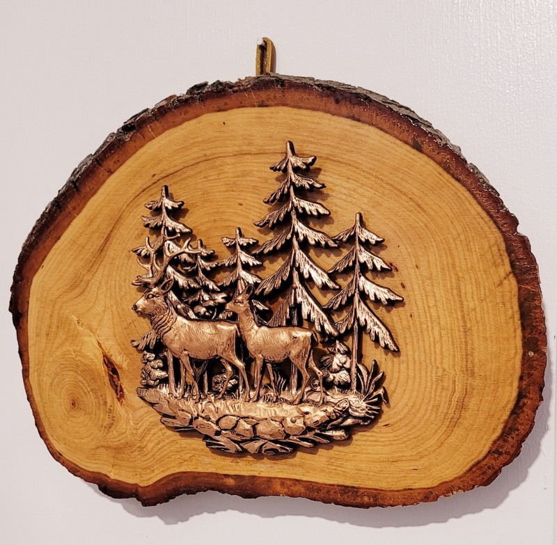 VTG 1960s Wood Slice Bark Rim Copper Tone 3D Deer Scene Niagara Falls-Canada