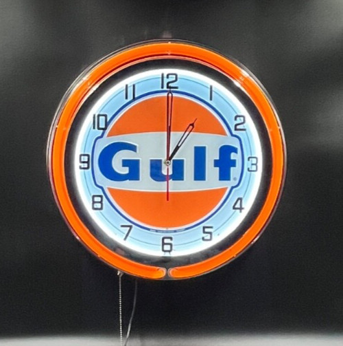 19″ GULF Gasoline Motor Oil Gas Station Sign Double Neon Clock No Nox Gulftane