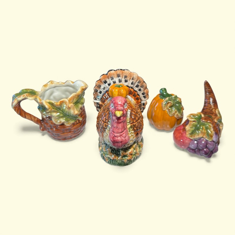 Home Trends Harvest 4pc Table Set Turkey Sugar Bowl w/ Lid Creamer Salt & Pepper