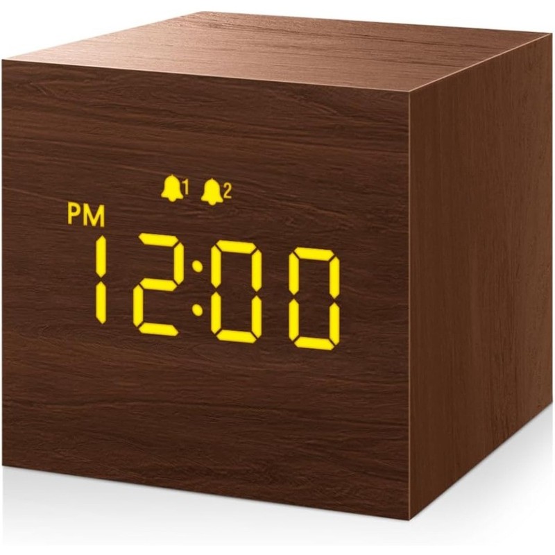 Digital Alarm Clock, with Wooden Electronic LED Time 3 Alarm, 2.5-inch Cubic