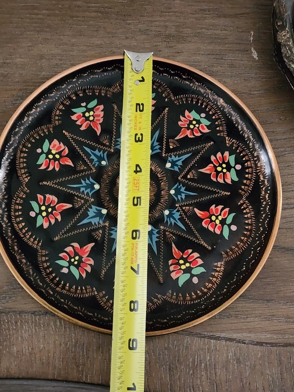 Vintage Turkish Copper Wall Plate Hand Painted Floral Black Enamel 8.5" gallery