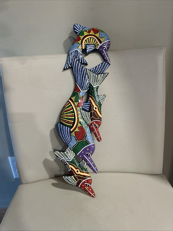 Colorful Mexico Wood Wall Plaque Dolphins Dot Paint Coastal Signed 18” Rep-don