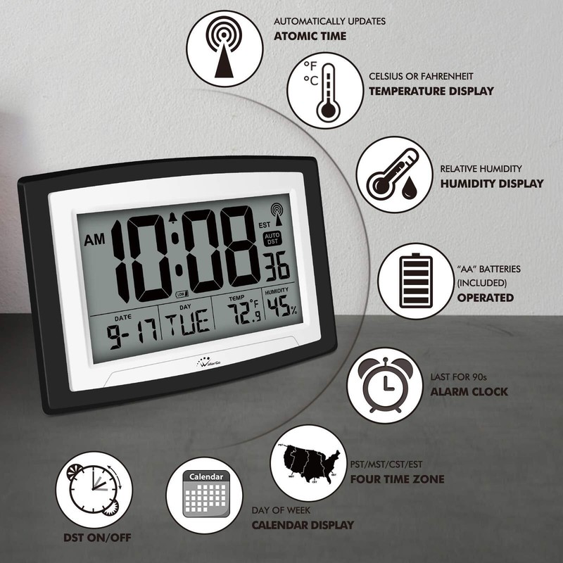 Digital Atomic Wall/Desk Alarm Clock Large Display With Temperature & Humidity gallery