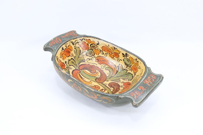 Norwegian Rosemaling Trau Bowl Dated 1950 | Hand Carved Folk Art Serving Dish |