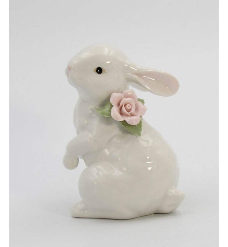 Springtime Bunnies: Standing Easter Bunny Rabbit with Pink Rose Flower Figurine gallery