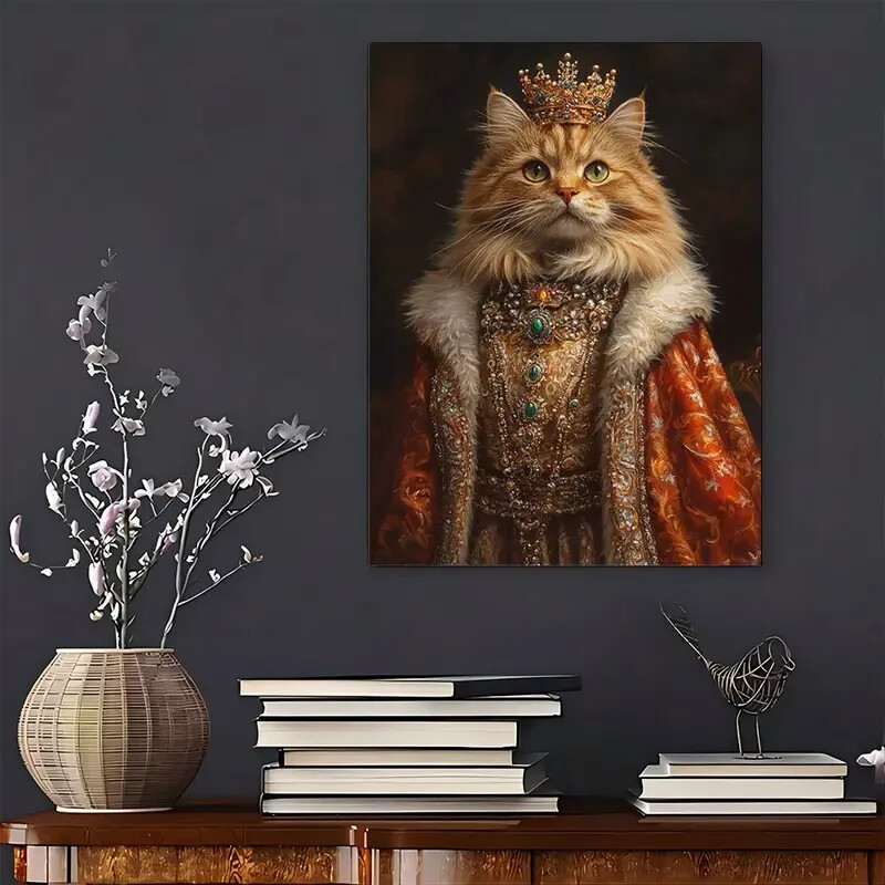 A Long-haired Cat Wearing A Crown And A Red Cape Wall Art Canvas Unframed/Framed gallery