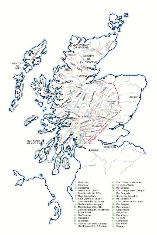 12×17 in. Scottish Clan Map showing the Clans of Scotland Highland Poster Print