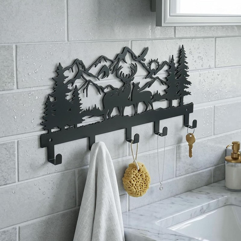 Metal Key Holder Wall Mount, Rustic Cabin Key Rack Hooks, Woodland Wildlife W... gallery