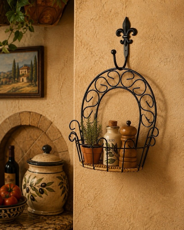 Vintage Metal Wire Basket Wicker Bottom Scroll Handle Fruit Hanging Rustic Home