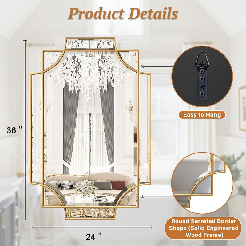 Jesantab Gold Wall Mirror with Beveled Glass for Bathroom, Living Room, Entry