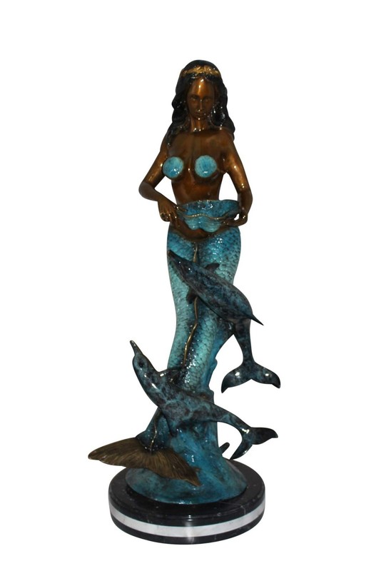 Mermaid with 2 dolphins Bronze Statue – Size: 14″L x 14″W x 28″H.
