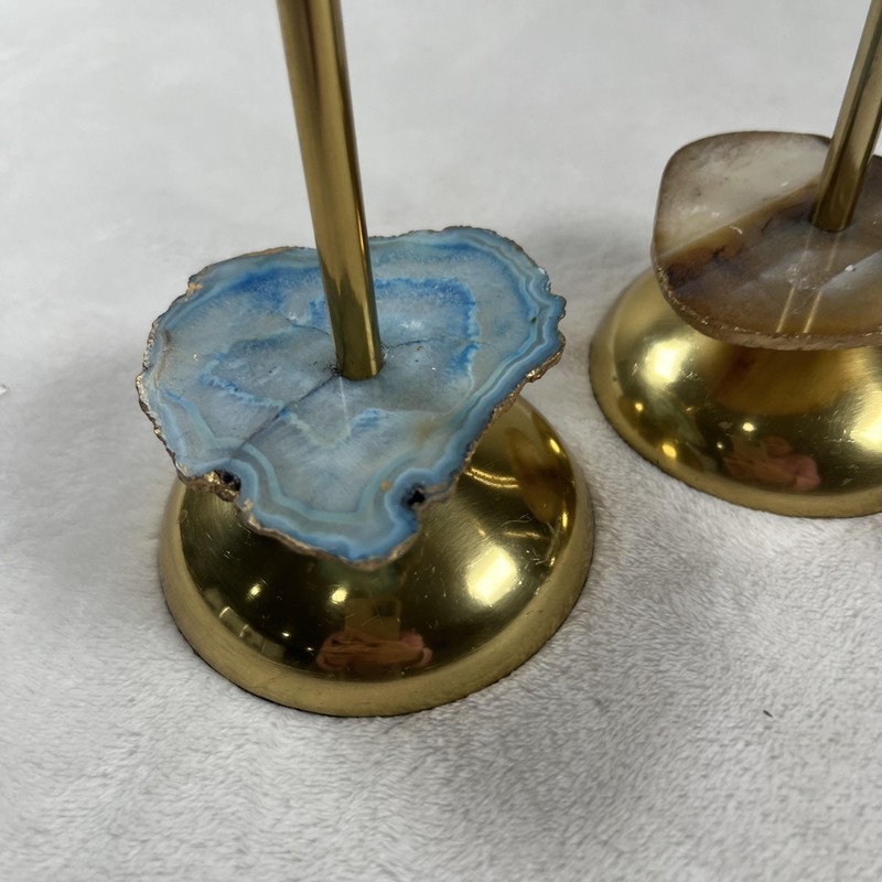 Set 3 Brass Taper Candle Holders Agate Slice Stone Bases Blue Gold Decor Modern gallery
