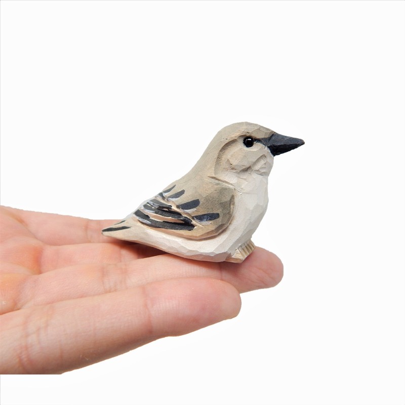 Mockingbird Bird Figure Statue Small Wood Art Sculpture Decor Carve Miniature