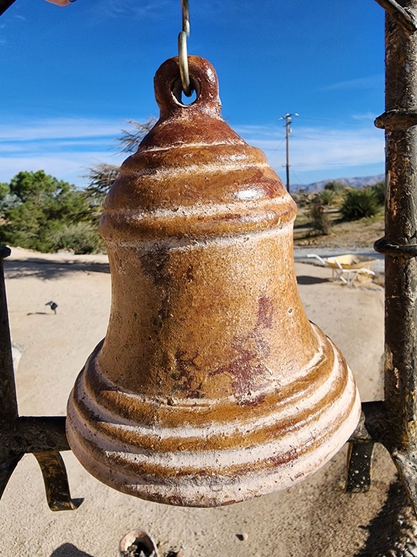 Large Rustic Clay Hanging Bell w Wrought Iron Stand Clapper Mission Southwestern gallery