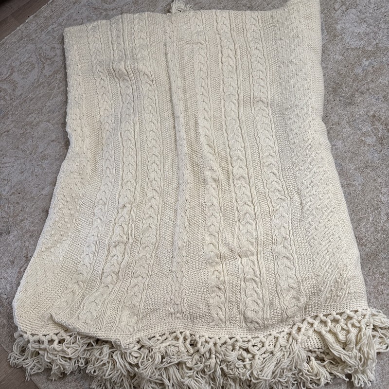Handmade Cable Knit Cream Ivory Blanket Afghan Throw 92×105 Cottagecore