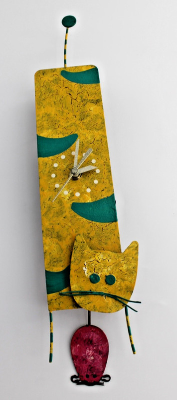 Whimsical Folk Art Cat Wall Clock with Mouse Pendulum 18”