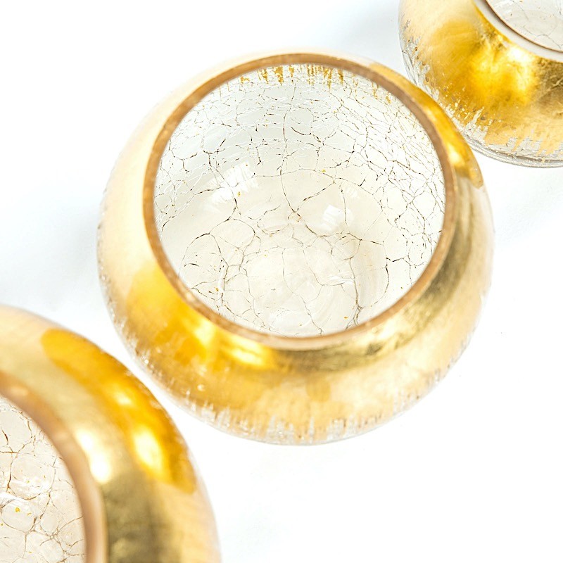 4 GOLD 4.5″ tall Round CANDLE HOLDER VASES Crackle Glass Wedding Centerpieces