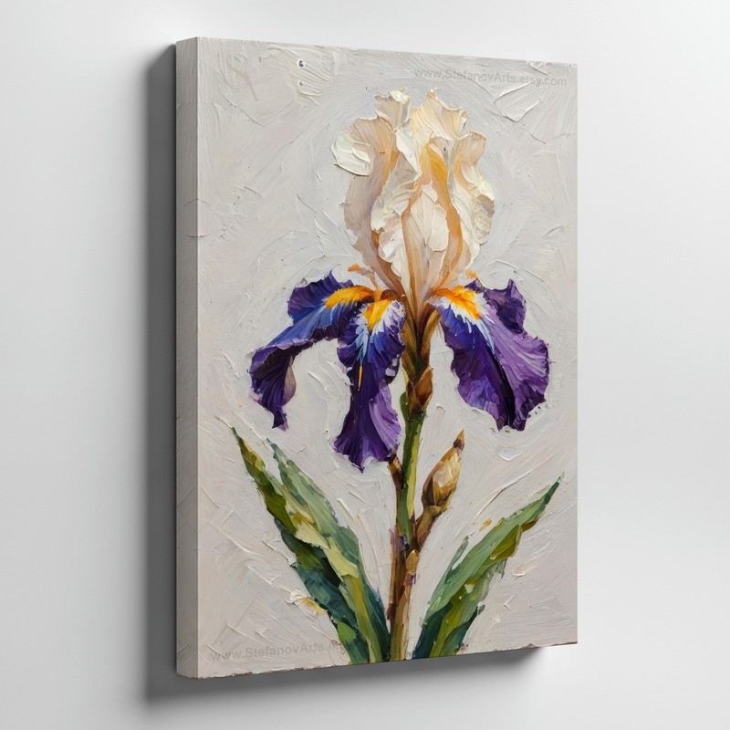 Purple And White Iris Flower Botanical Canvas Wall Art Textured Floral Print