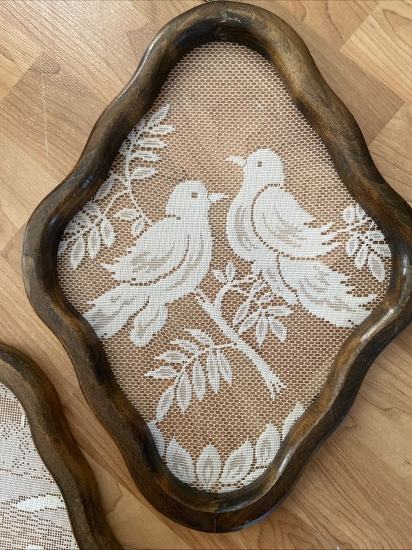 Vintage Holland Dutch Primitive Lace Wood Framed Wall Window Screen Hanging Set gallery