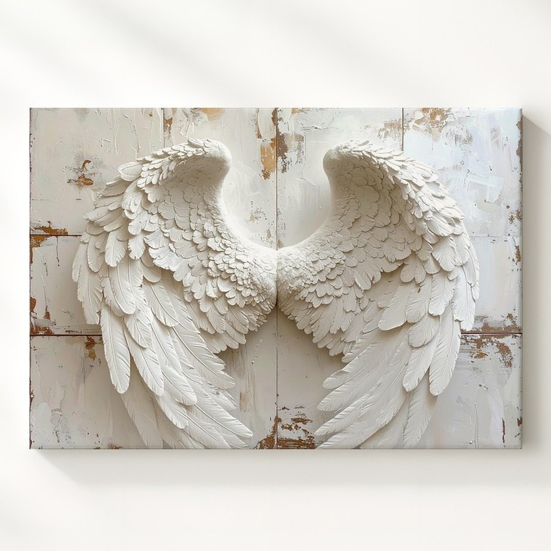 White Angel Wings Canvasminimalist Spiritual Wall Art On Rustic Wood