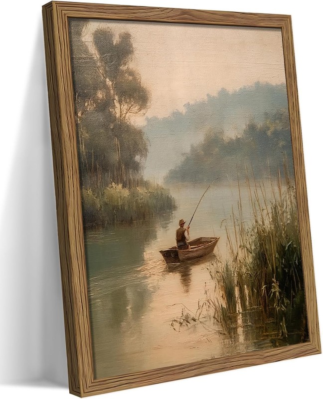 Wood Framed Vintage Fishing Wall Art, Country Fisherman Landscape Canvas Wall... gallery