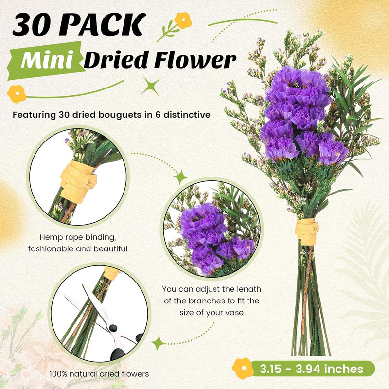 30 Pcs Mini Dried Floral Bouquets with Stem for Vase, Wedding, DIY Decor gallery