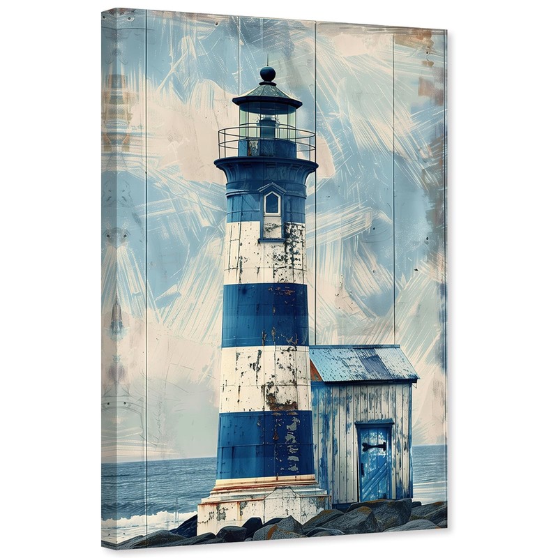 ARTZGX Lighthouse Wall Art Navy Blue Canvas Ocean Seascape Picture Print Vint…