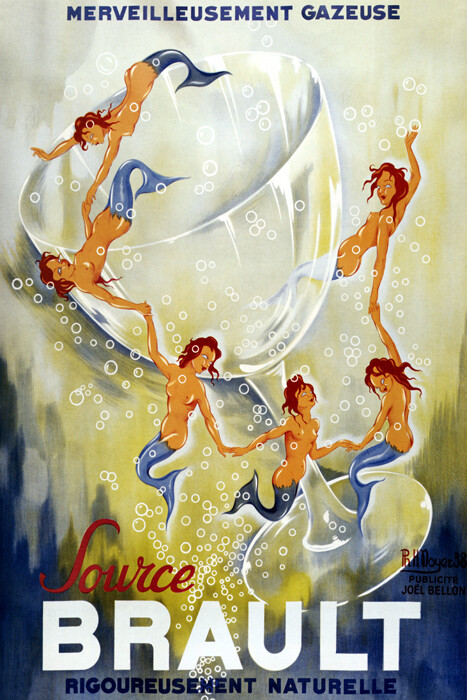 FRENCH SPARKLING WATER SOURCE BRAULT MERMAID BUBBLES GLASS VINTAGE POSTER REPRO