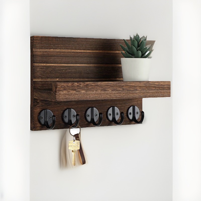 Rustic Wood Wall Mounted Key & Mail Rack Combo, Shelf, 6 Hooks, 9.8″ x 6.7″