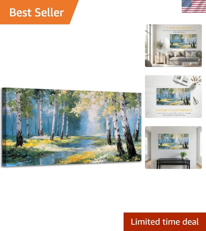 Art Deco Birch Forest Stream Canvas Painting, 40×20 for Living Room Elegance