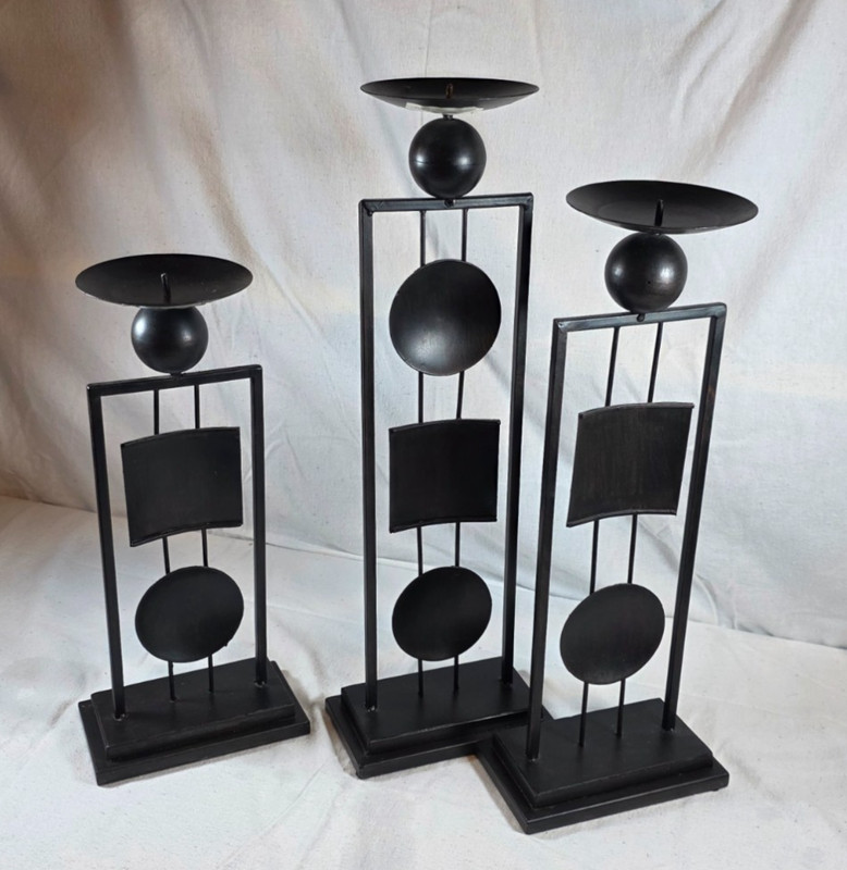Set of 3 Modern Black Metal Candle Holders – Geometric Design – 20", 17.5", 15" gallery
