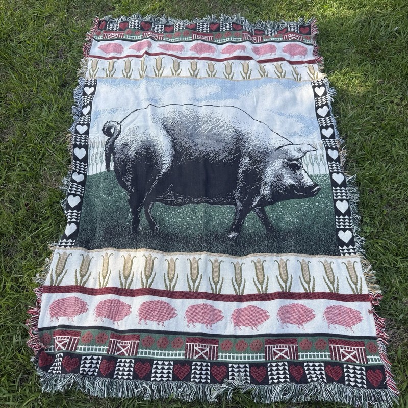 Farm Animal Pig Fringed Throw Woven Tapestry Blanket Corn Bacon Country Cottage