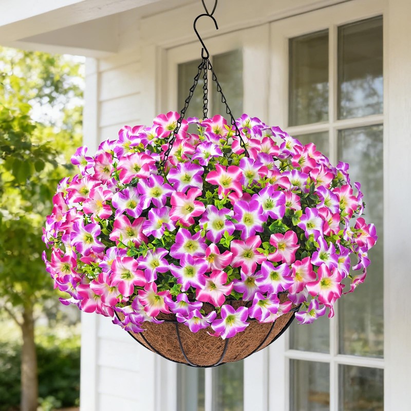 Realistic Artificial Hanging Flowers for Outdoors with Basket, 1 Set Large Si…