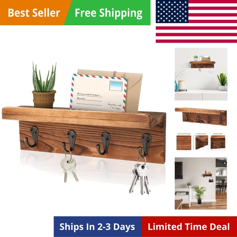 Rustic Key Holder for Wall, Farmhouse Wall Shelf with 4 Hooks, Wall Mounted Key