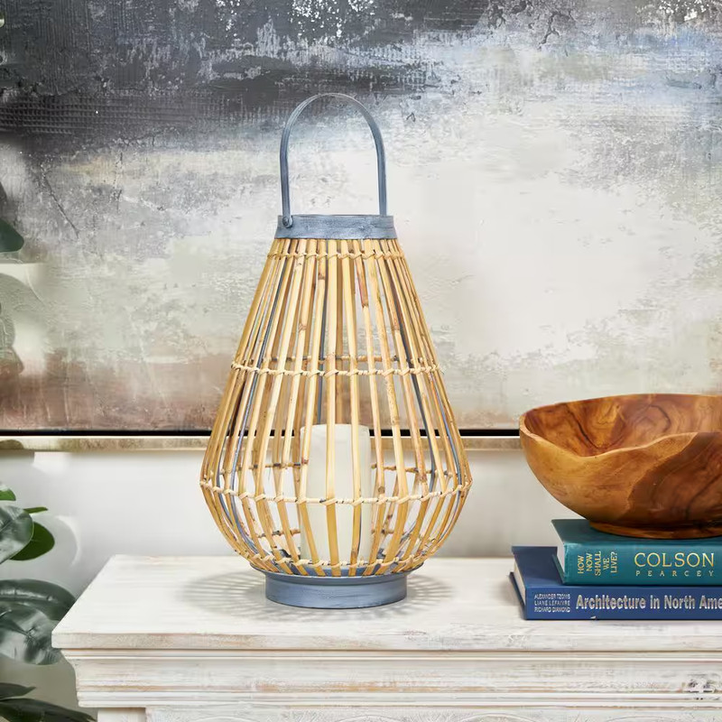 16 In. H Brown Bamboo Handmade Open Framed Candle Lantern with Blue Metal Accent