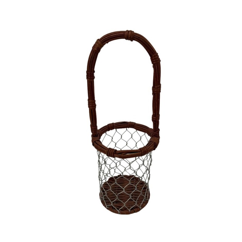 Wicker Wire Wine Bottle Basket Caddy w/ Handle Farmhouse Decor VTG MCM
