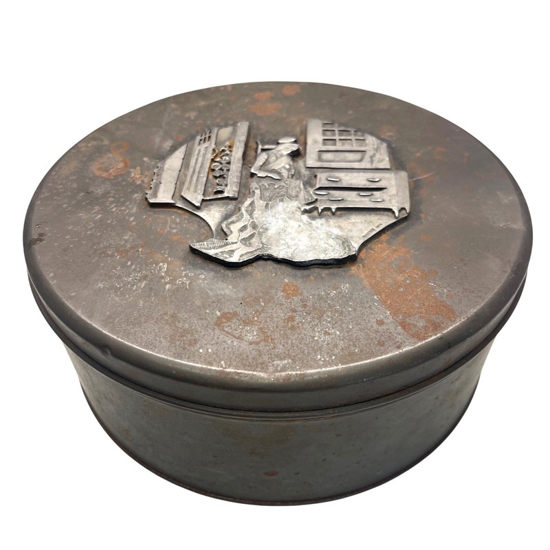 Rare Vintage Metzke Sewing Tin Pewter Button Sewing Kit Storage