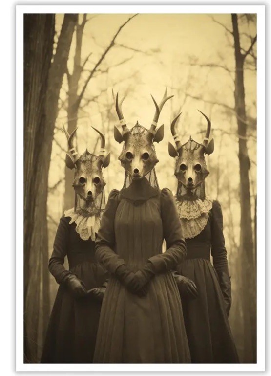 Vintage Halloween Canvas Art, Family 3 Women Creepy, Scary, Retro – 8″ X 10″