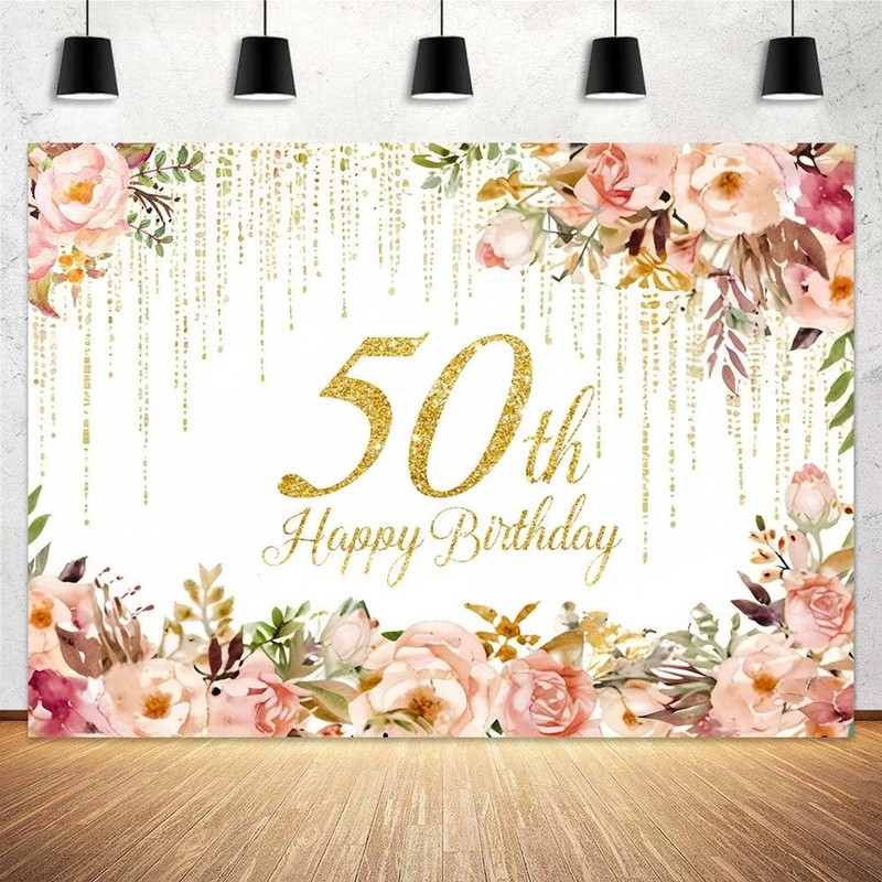 7 x 5 ft Happy 50th Birthday Backdrop Pink Watercolor Floral Golden Backgroun…