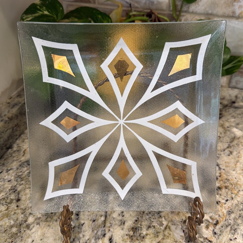 Midcentury Style Clear Glass Dish White & Gold Starburst Pattern 8.25”