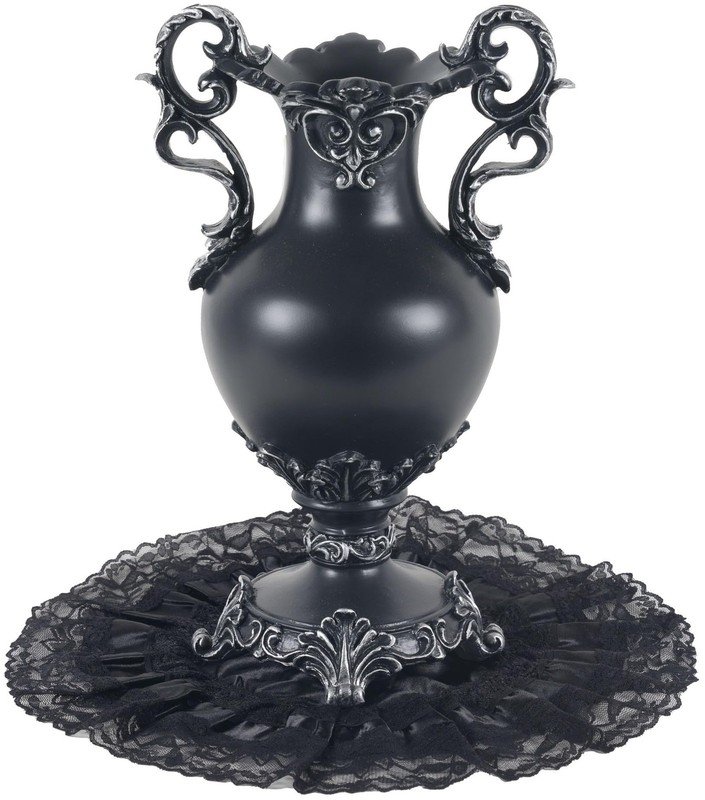 Gothic Victorian Resin Vase with Lace Doily – Waterproof 14″ Black/Silver